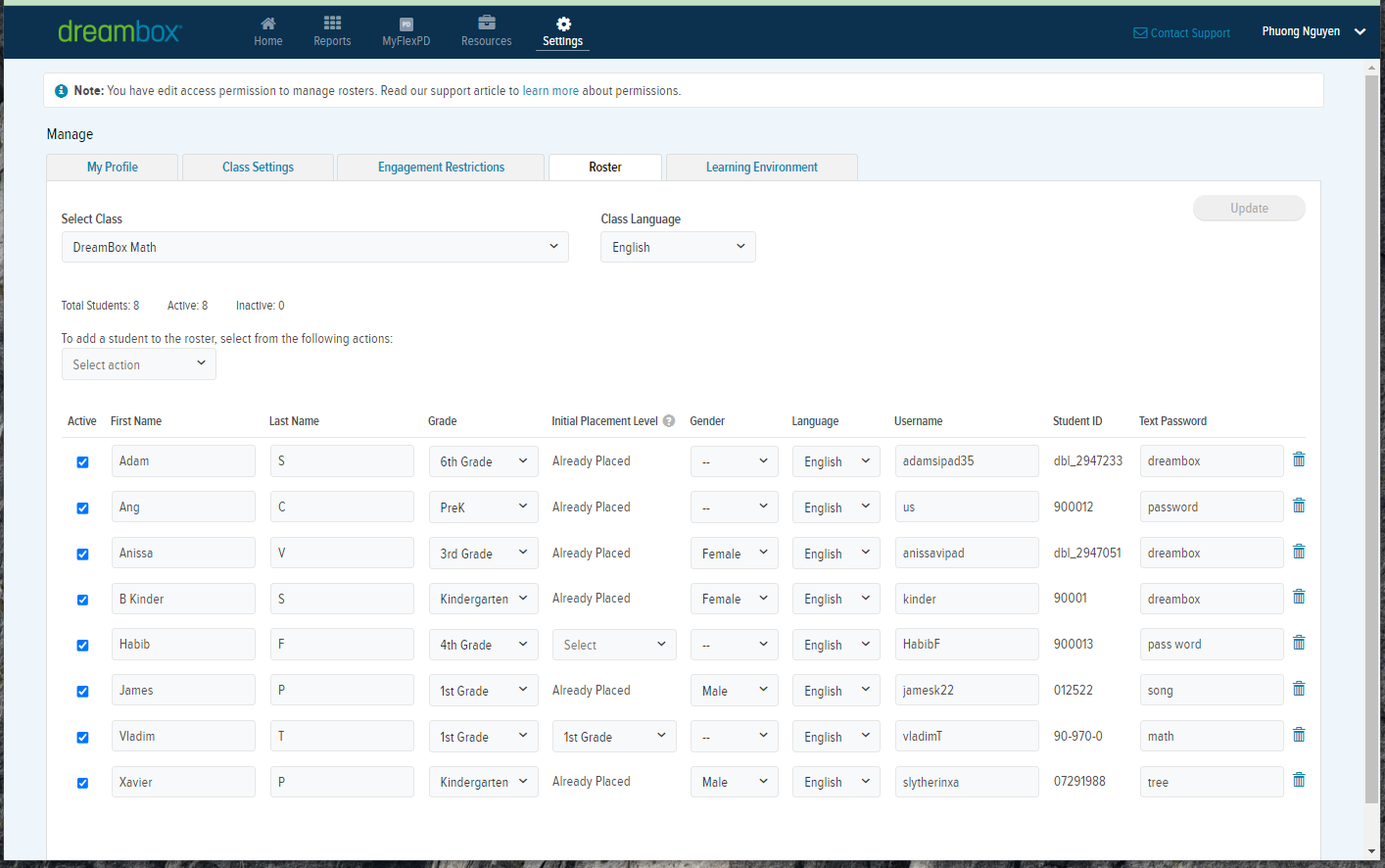 Roster management in DreamBox